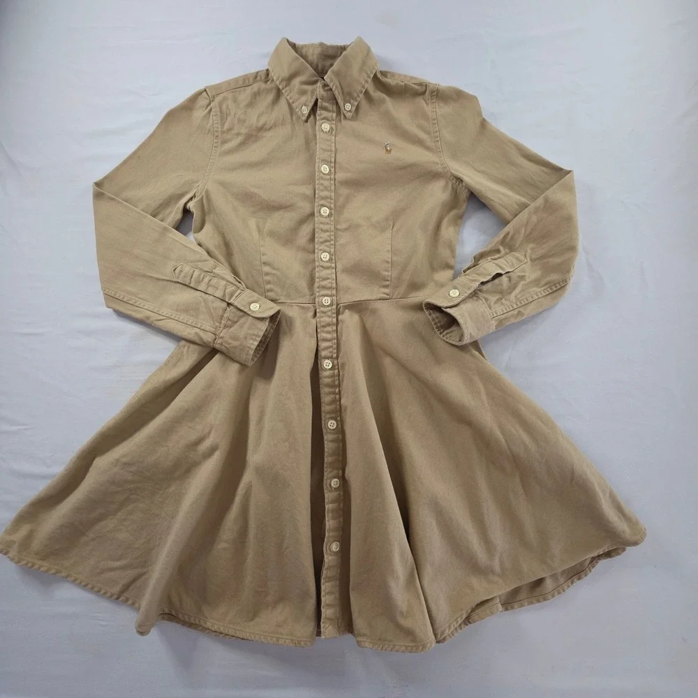 Polo Ralph Lauren Cotton Shirt Dress Khaki Twill Long Sleeve Size 12 Tan Preppy